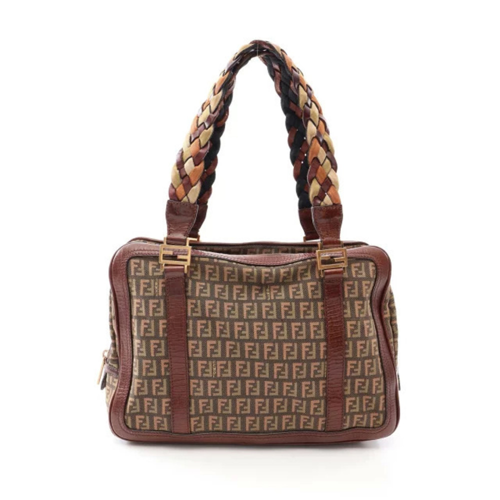 Fendi Zucchino Handbag Canvas Leather Khaki Green Brown